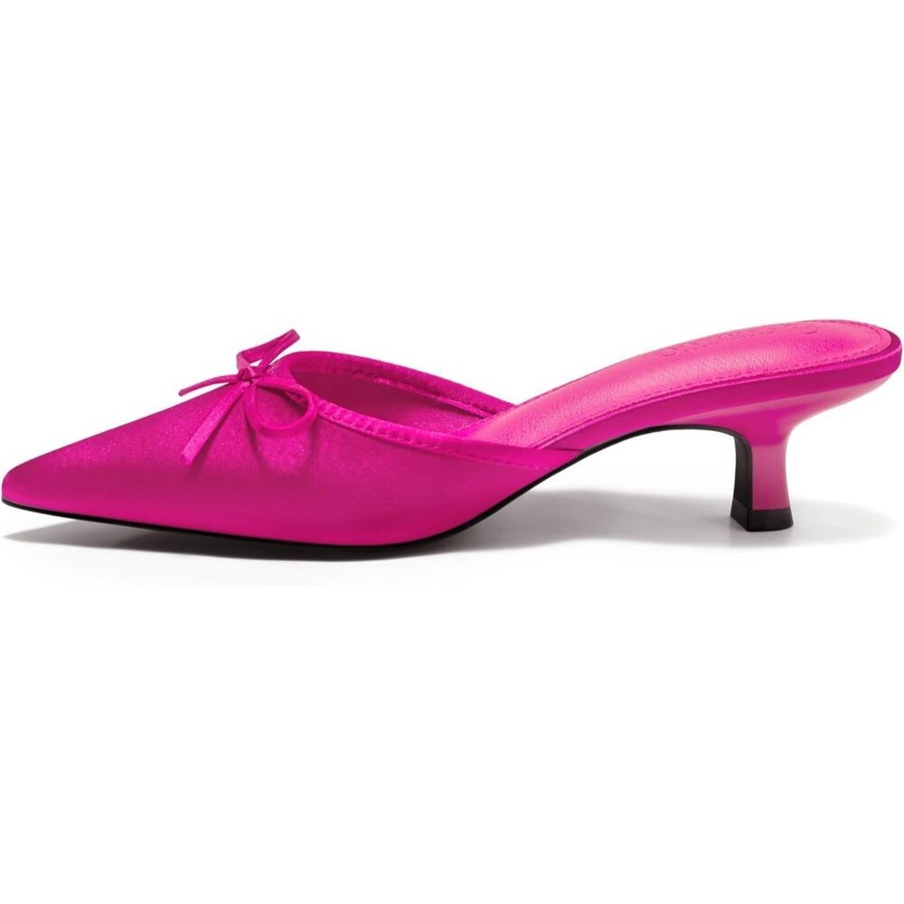 Women's Pink Kitten Heels Mules with Bow Satin Slip on Pumps Pointed Toe - Picture 4 of 6